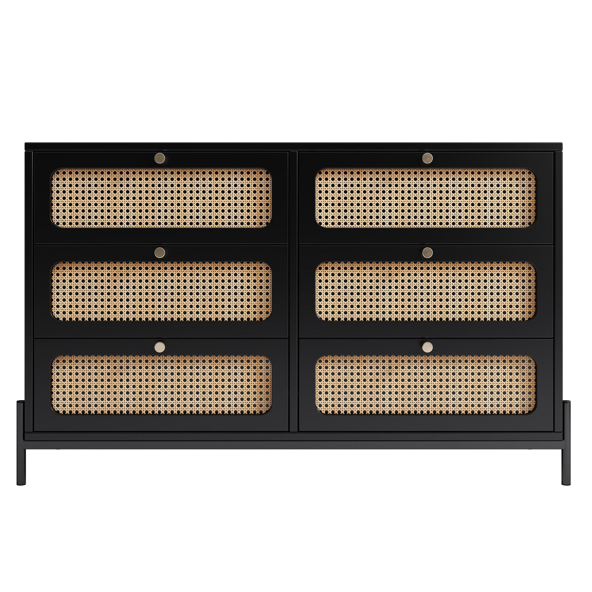 Black Wood 6-Drawer Dresser with Rattan Drawer Fronts