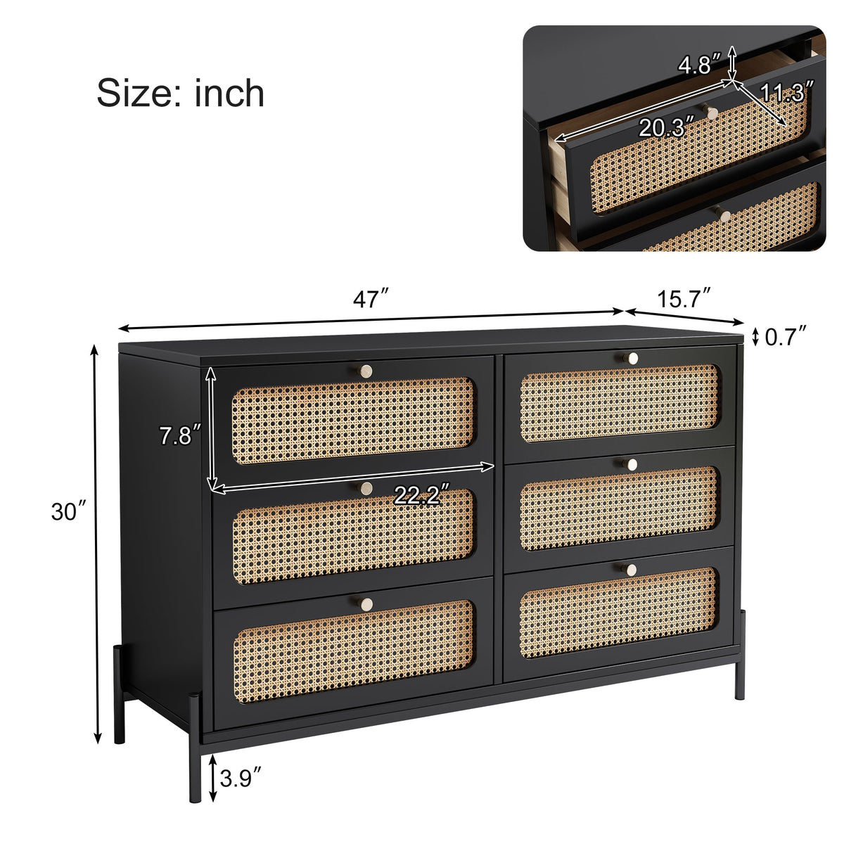 Black Wood 6-Drawer Dresser with Rattan Drawer Fronts