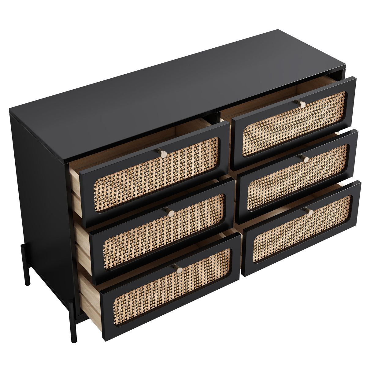 Black Wood 6-Drawer Dresser with Rattan Drawer Fronts