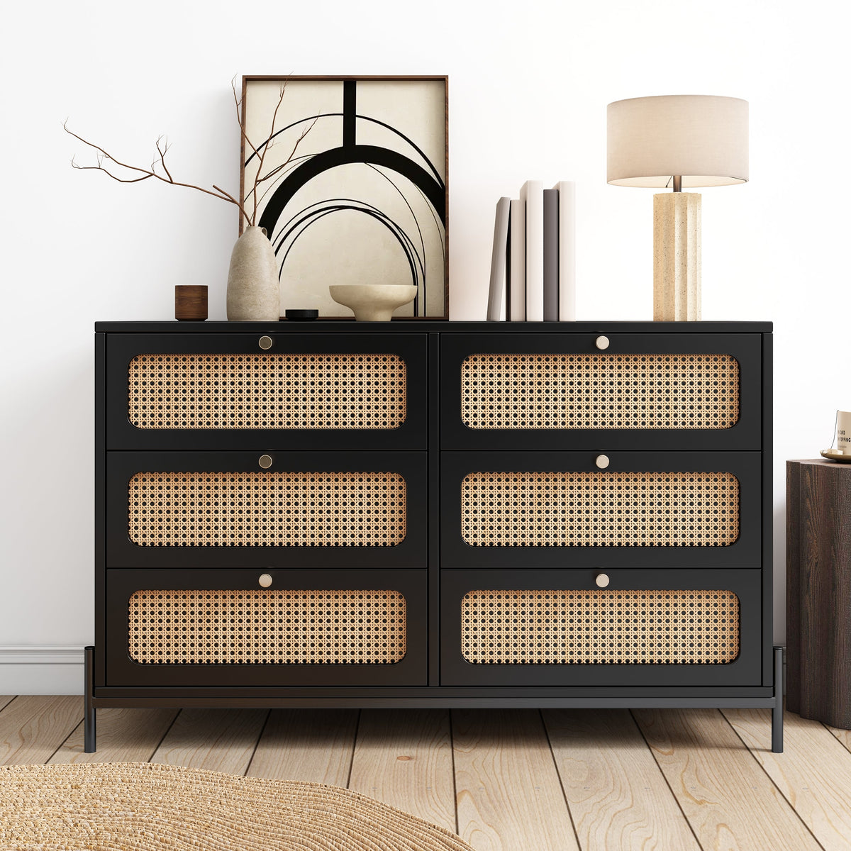 Black Wood 6-Drawer Dresser with Rattan Drawer Fronts