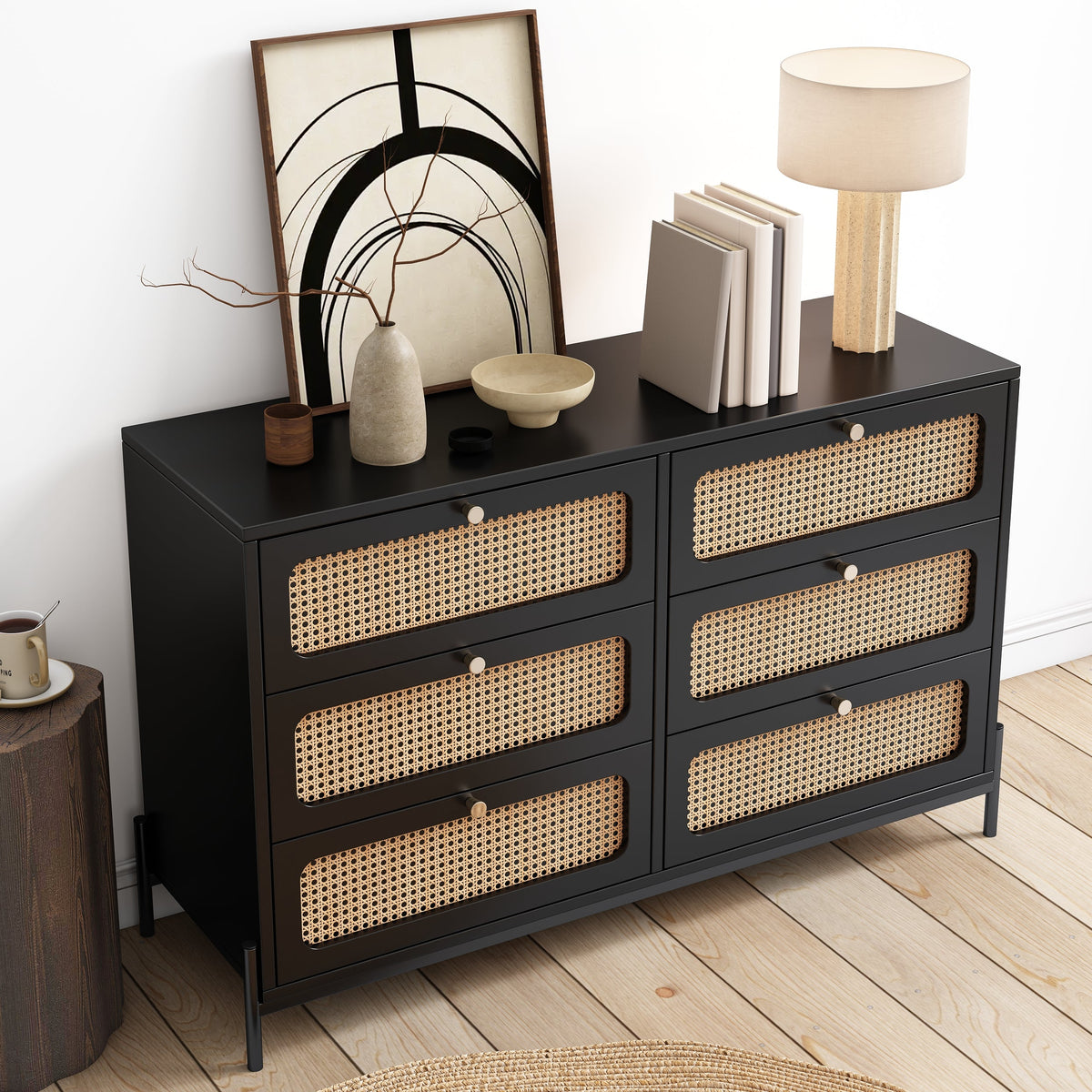 Black Wood 6-Drawer Dresser with Rattan Drawer Fronts