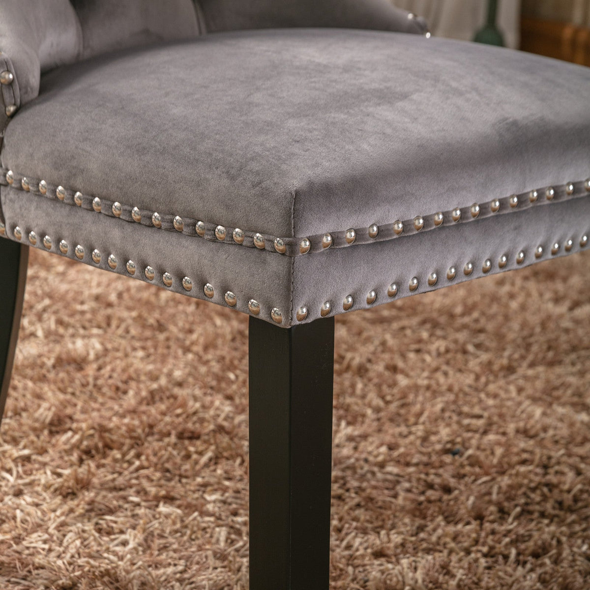 Velvet Tufted Dining Chair with Nailhead Trim, Gray
