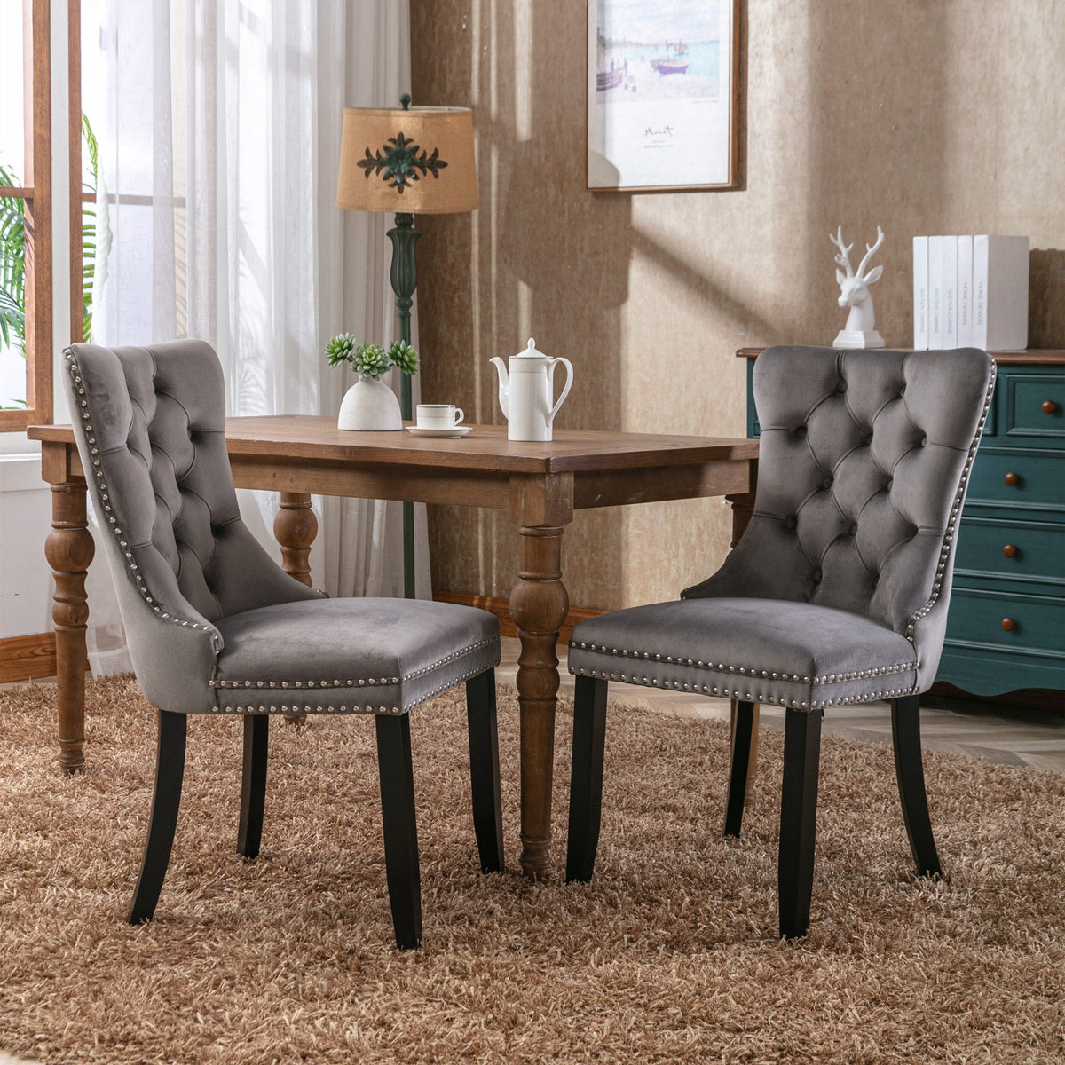 Velvet Tufted Dining Chair with Nailhead Trim, Gray