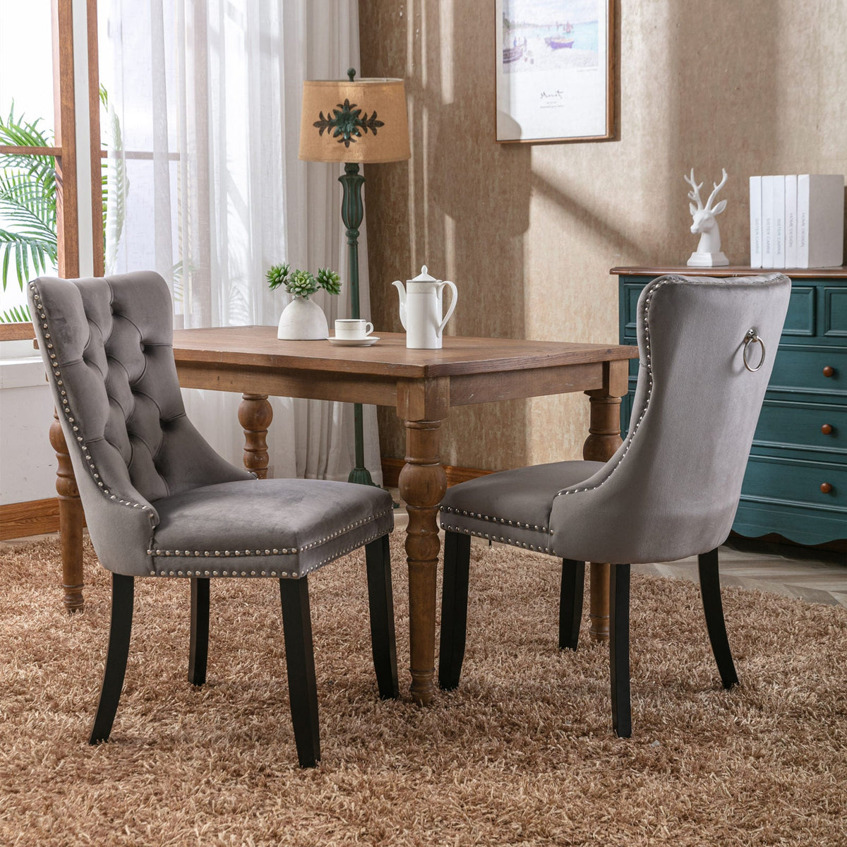 Velvet Tufted Dining Chair with Nailhead Trim, Gray