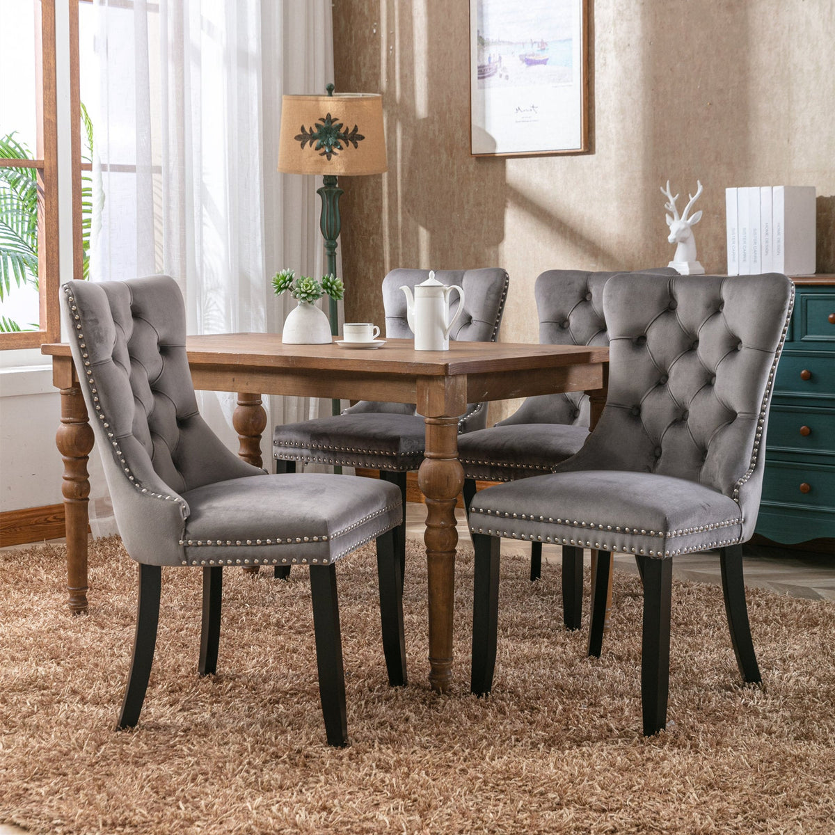 Velvet Tufted Dining Chair with Nailhead Trim, Gray