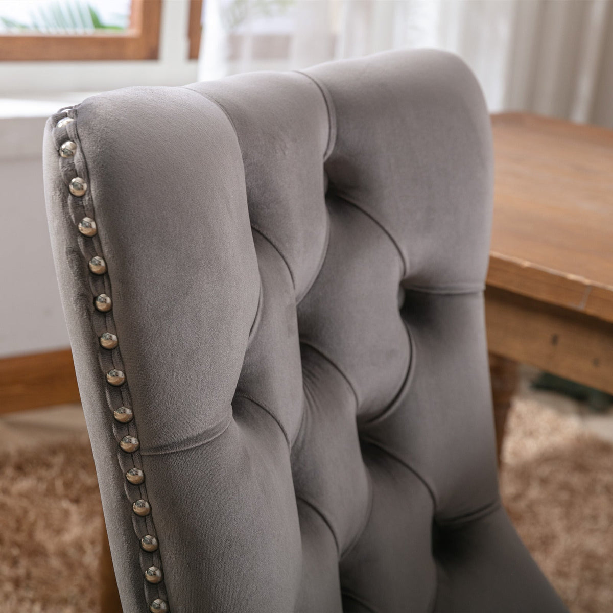 Velvet Tufted Dining Chair with Nailhead Trim, Gray