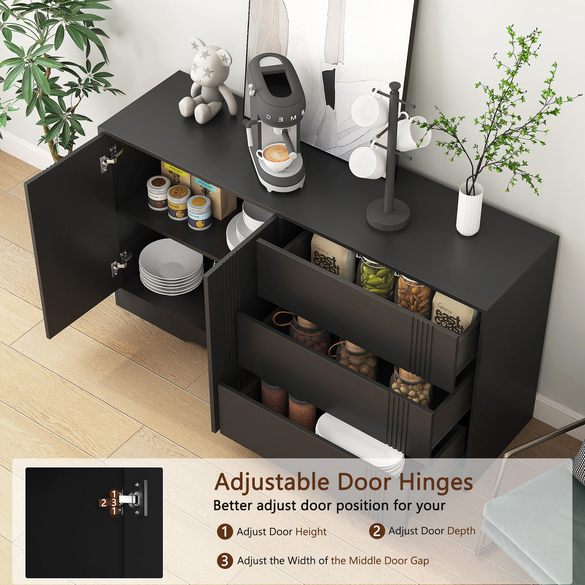 Black Sideboard Buffet with Doors and Drawers for Storage