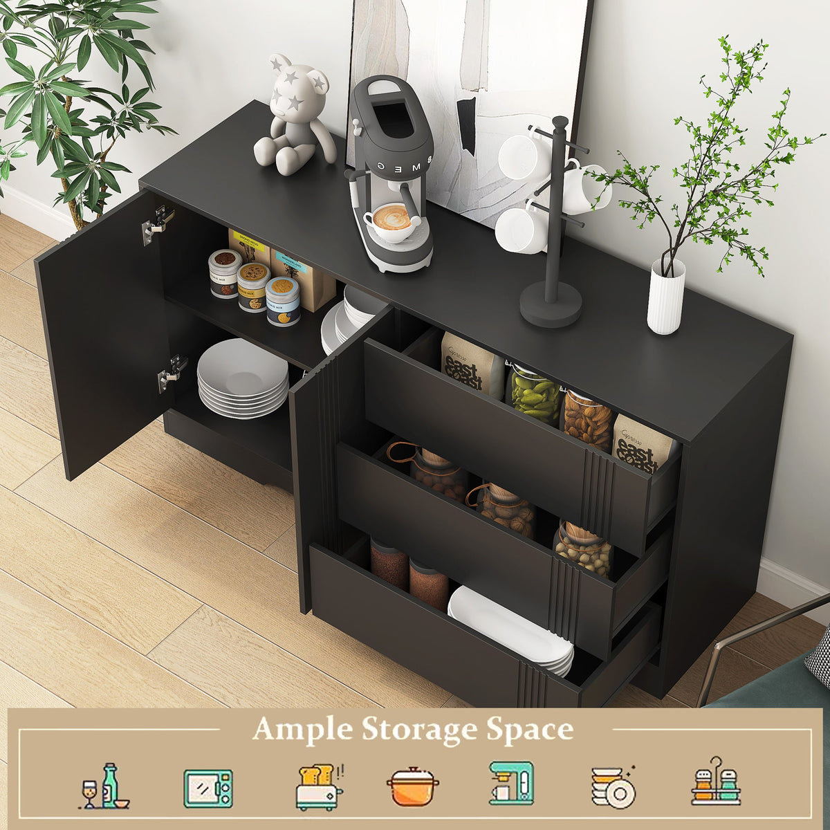 Black Sideboard Buffet with Doors and Drawers for Storage