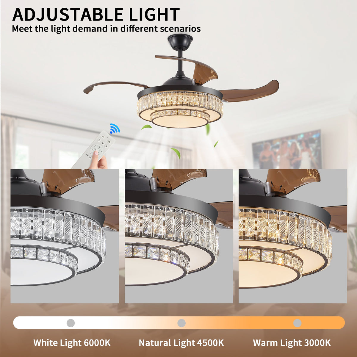 Retractable LED Ceiling Fan with Crystal Light & Remote