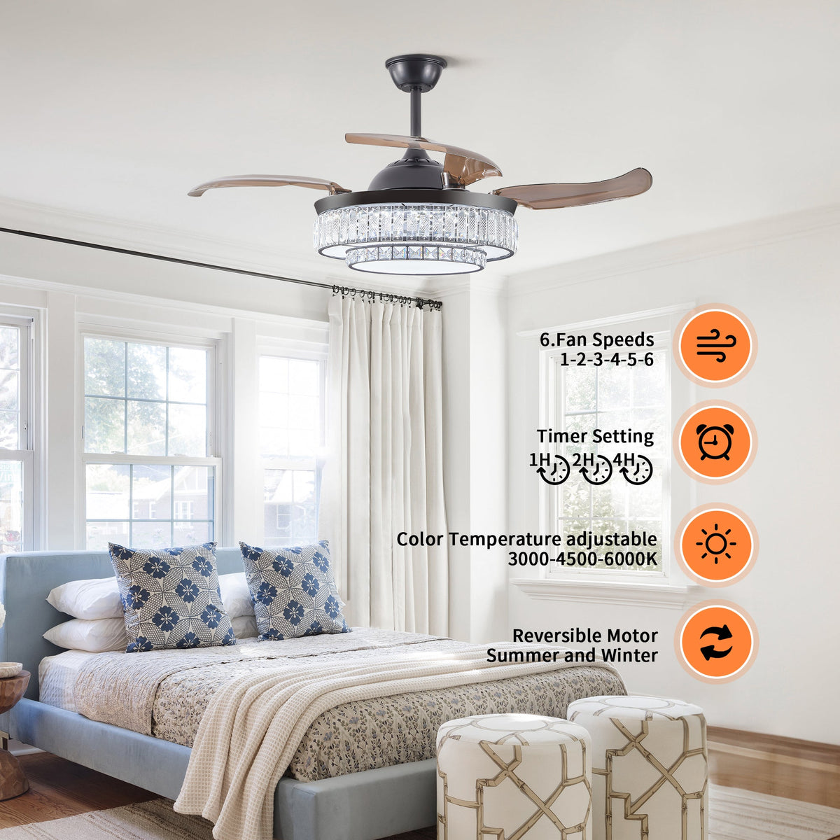 Retractable LED Ceiling Fan with Crystal Light & Remote