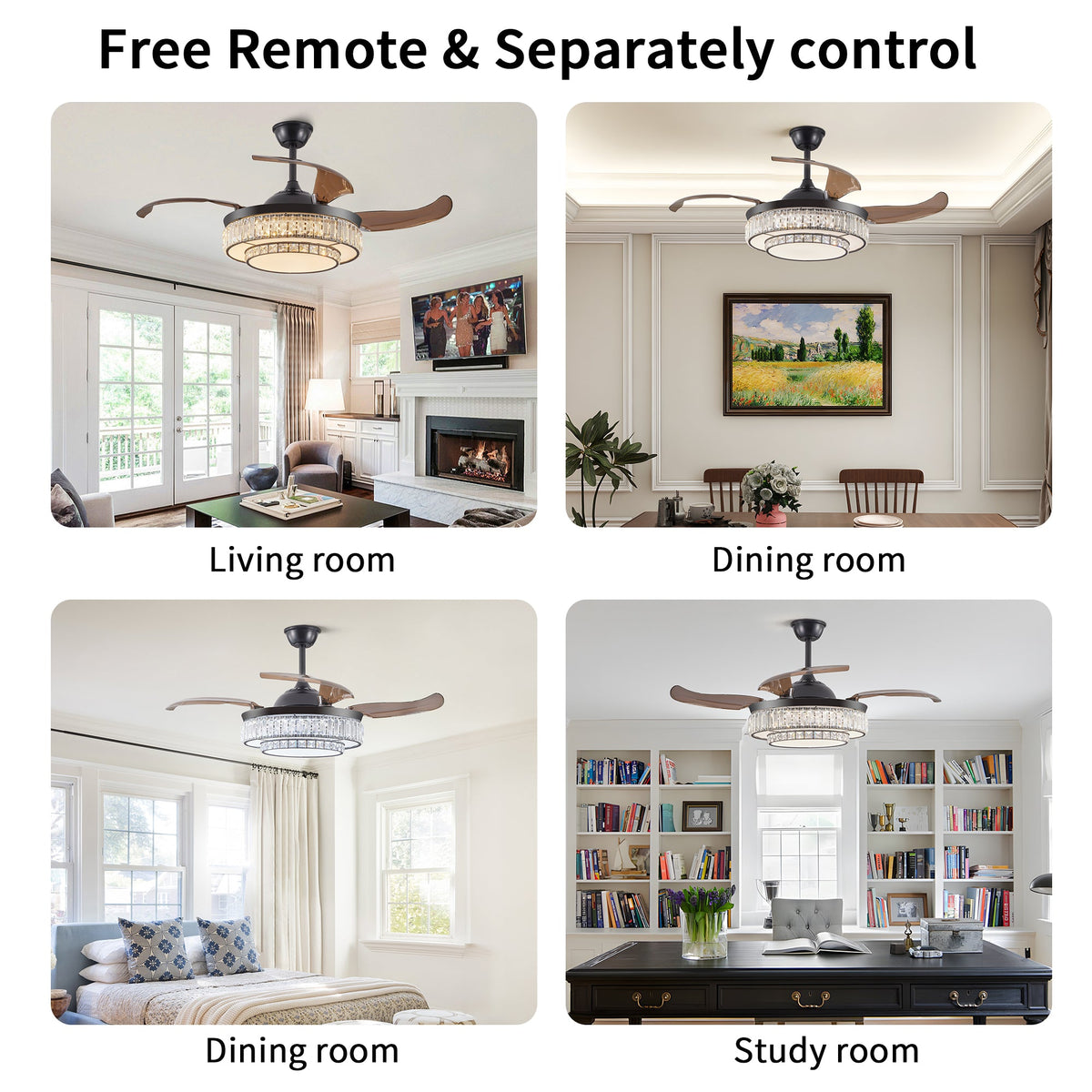 Retractable LED Ceiling Fan with Crystal Light & Remote