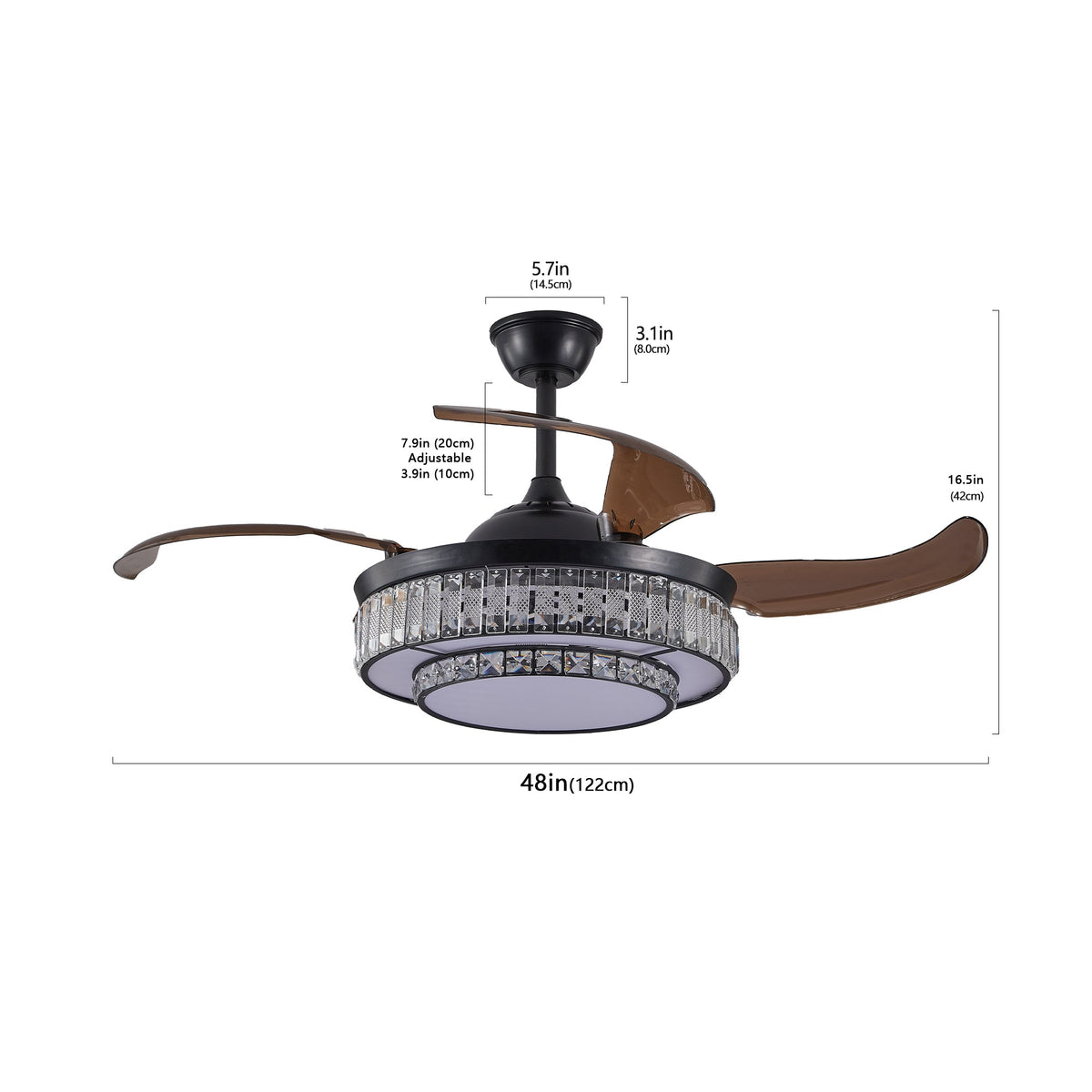 Retractable LED Ceiling Fan with Crystal Light & Remote