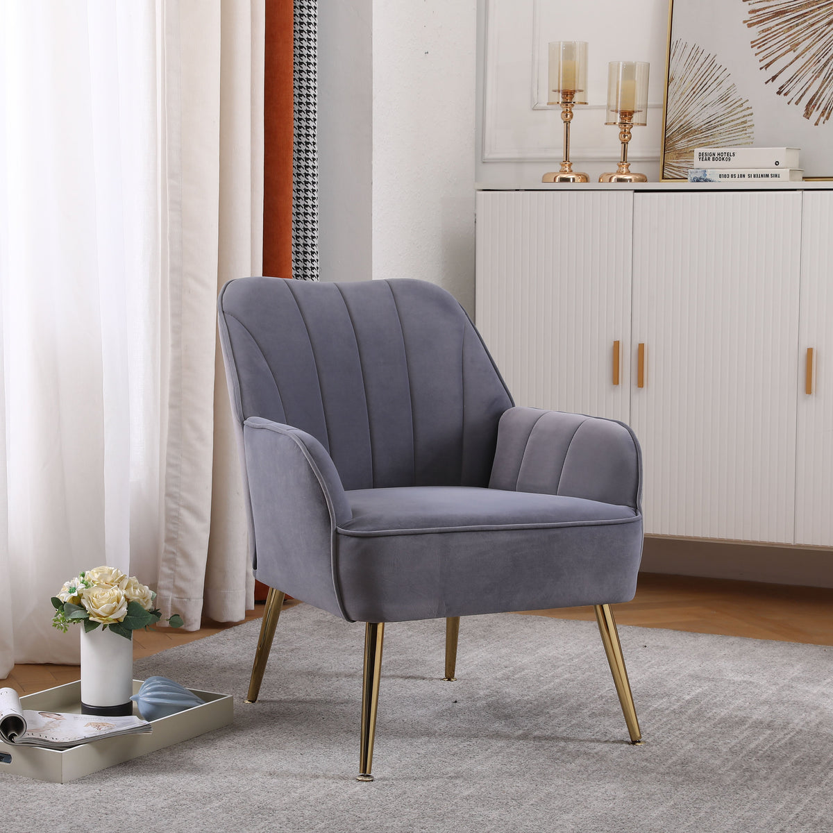Mid Century Velvet Accent Chair with Gold Legs