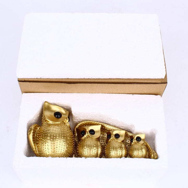 Four Owl Family Sculpture – Metallic Living Room Decor