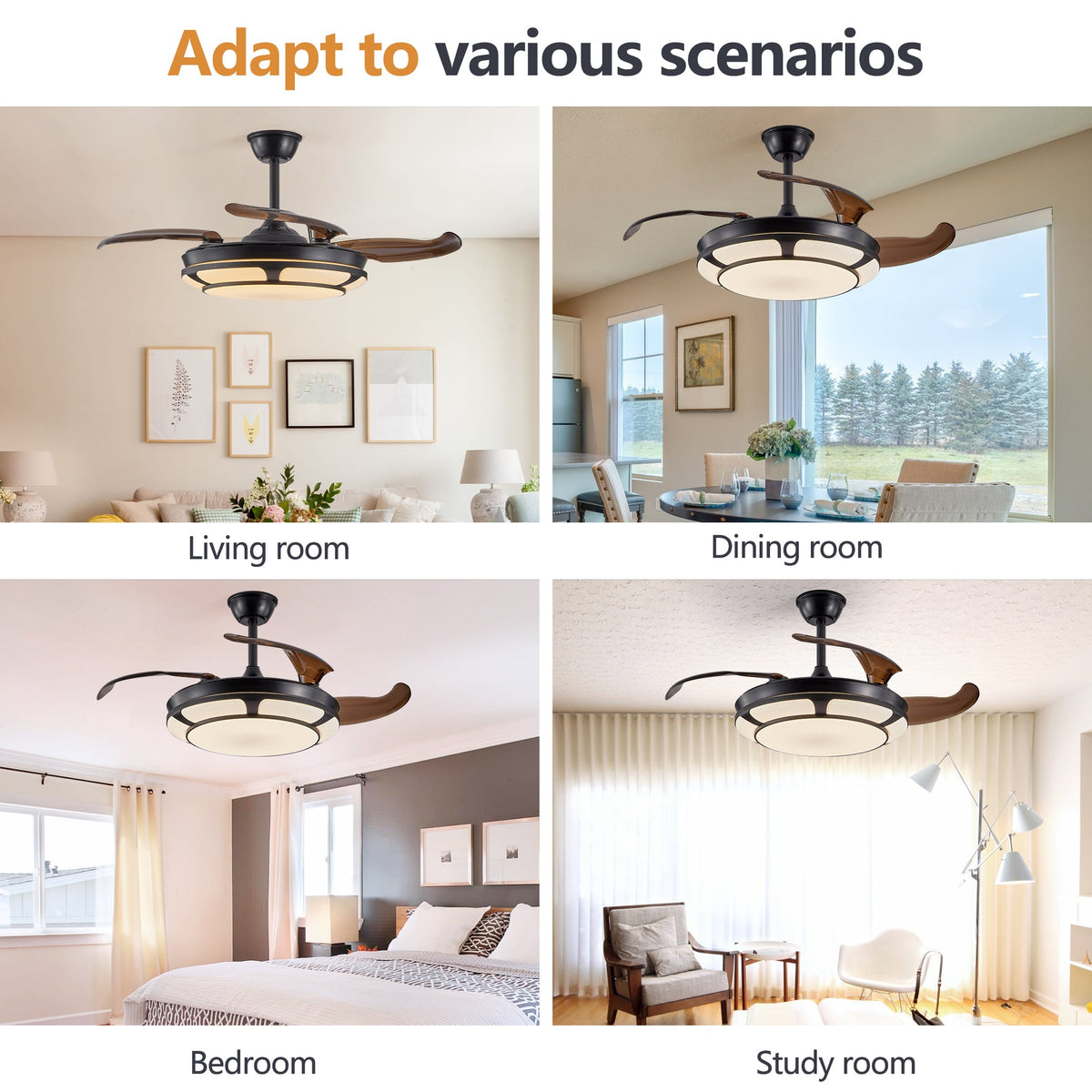 Retractable Ceiling Fan with LED Light, Modern Minimalist