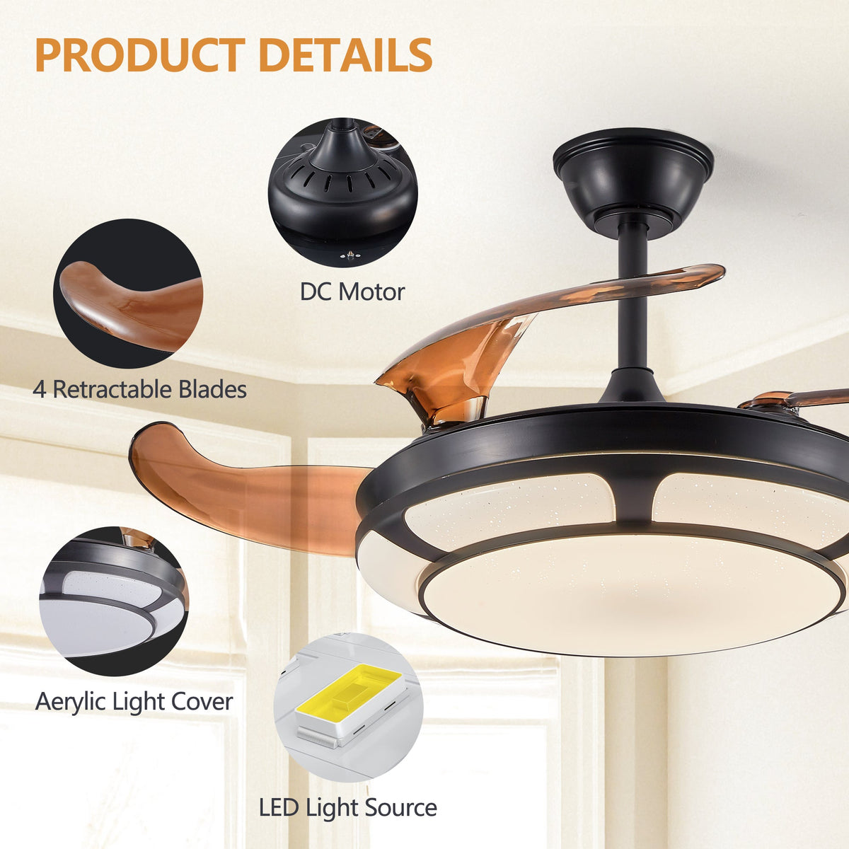 Retractable Ceiling Fan with LED Light, Modern Minimalist