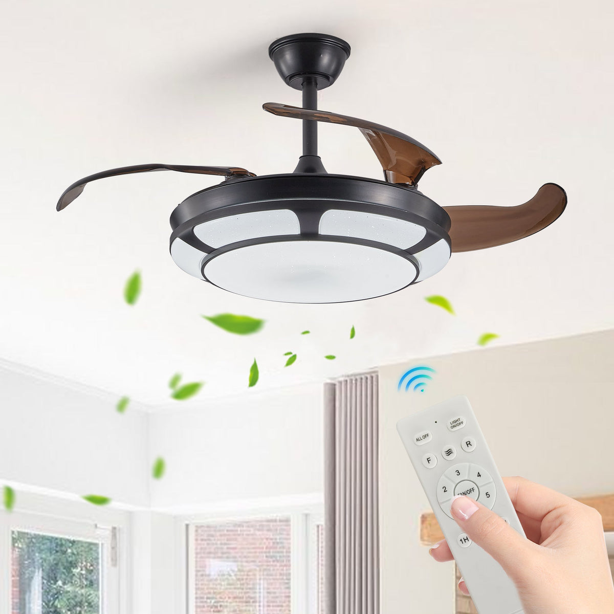 Retractable Ceiling Fan with LED Light, Modern Minimalist