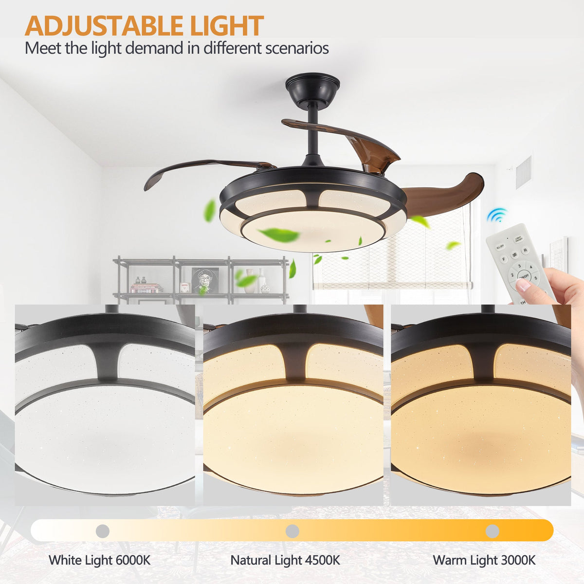 Retractable Ceiling Fan with LED Light, Modern Minimalist