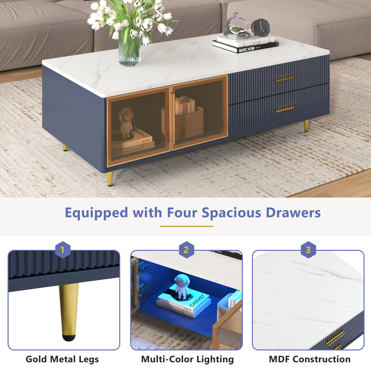 Navy Blue Coffee Table with Glass Doors & LED Lighting