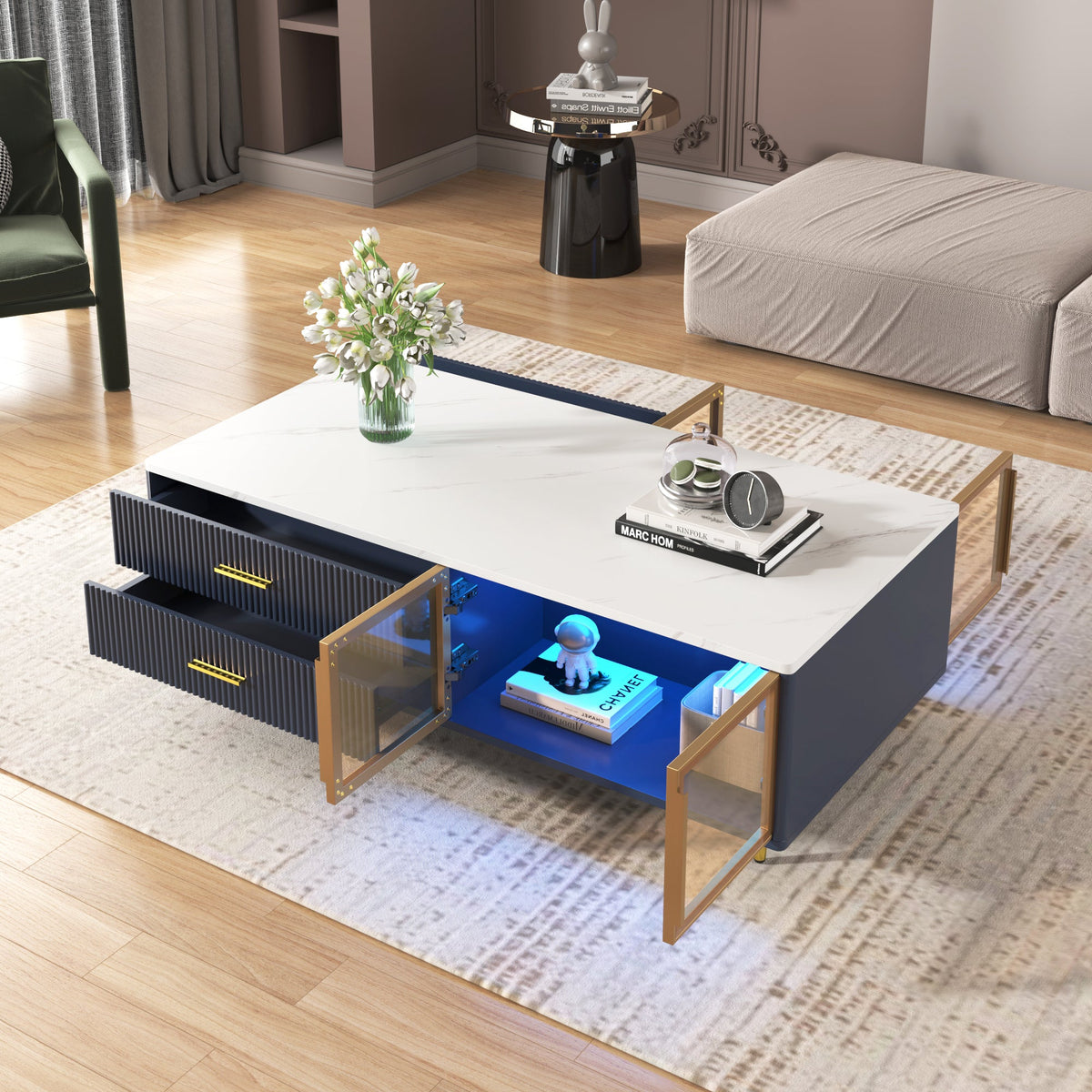 Navy Blue Coffee Table with Glass Doors & LED Lighting