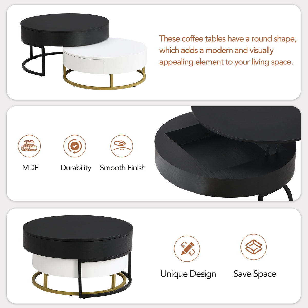 Round Nesting Coffee Table with Lift Top & Hidden Storage