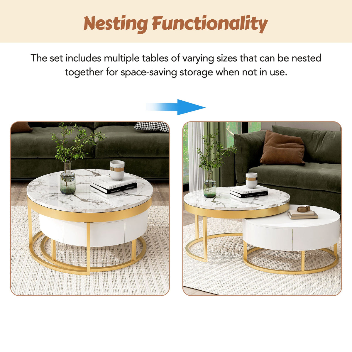 Round Nesting Coffee Table Set with Drawers, White