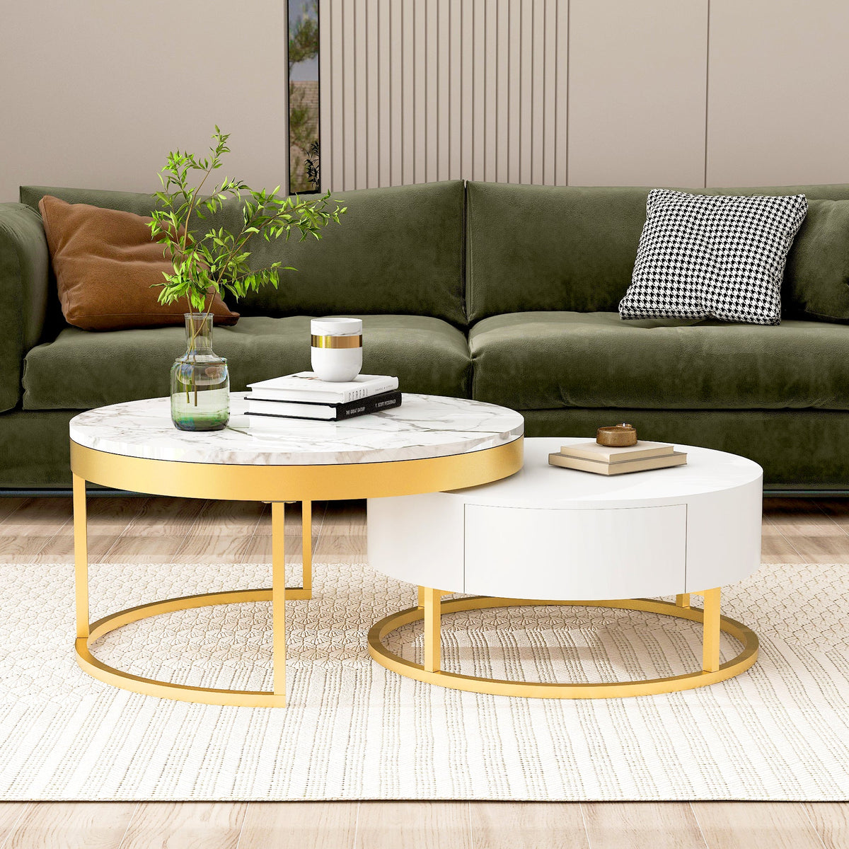 Round Nesting Coffee Table Set with Drawers, White