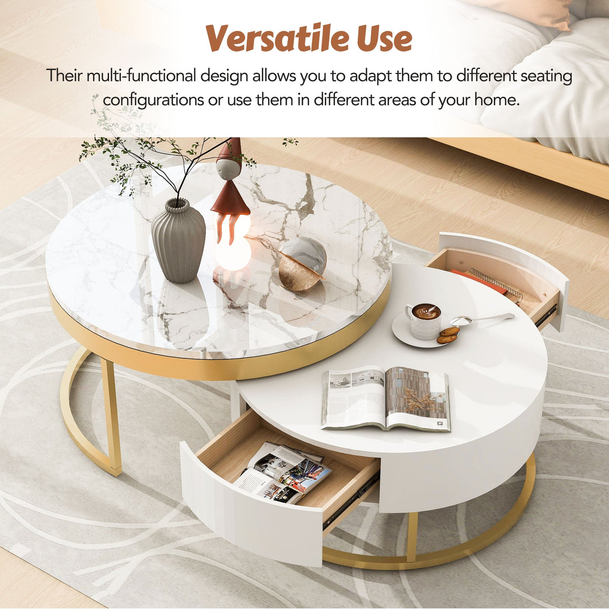 Round Nesting Coffee Table Set with Drawers, White