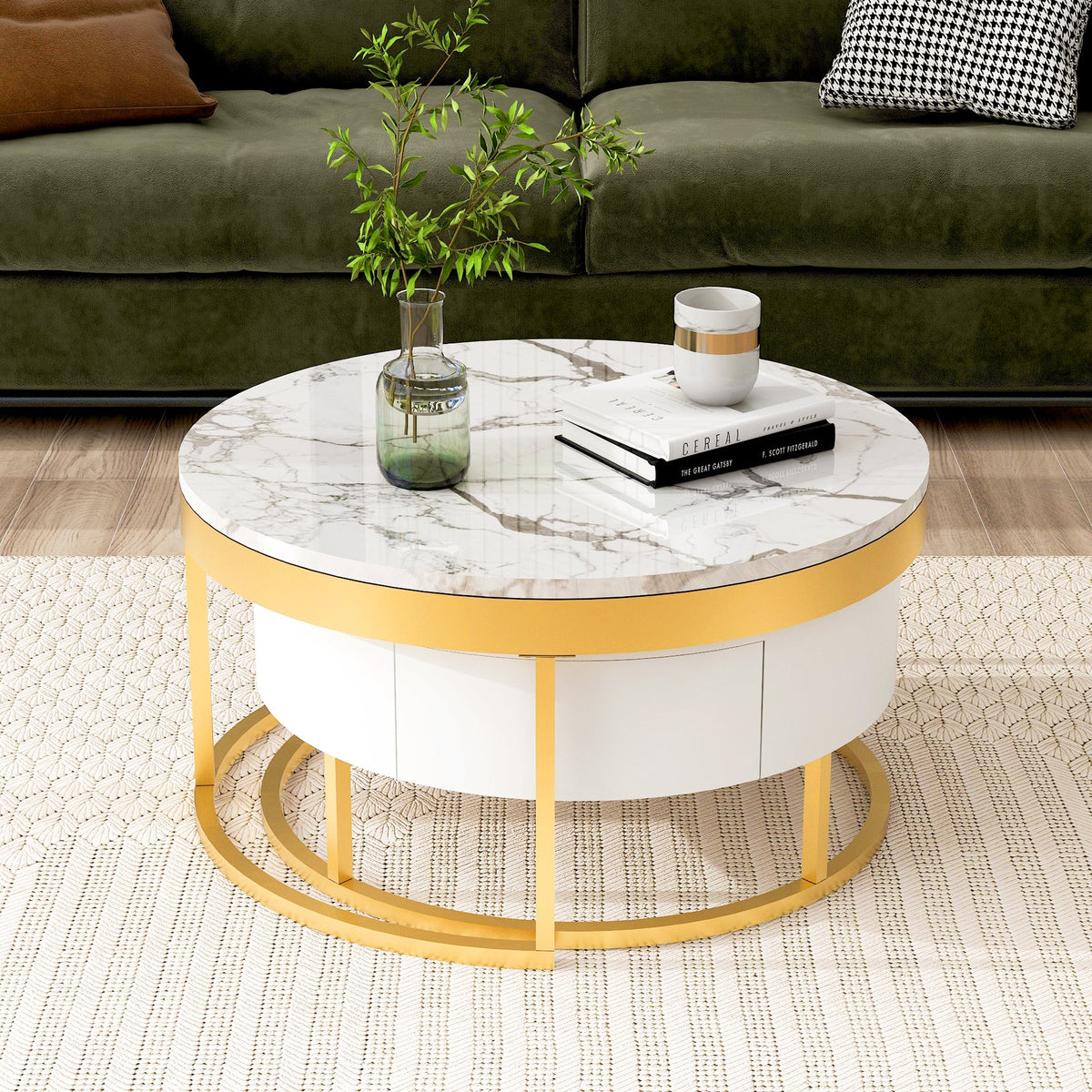 Round Nesting Coffee Table Set with Drawers, White