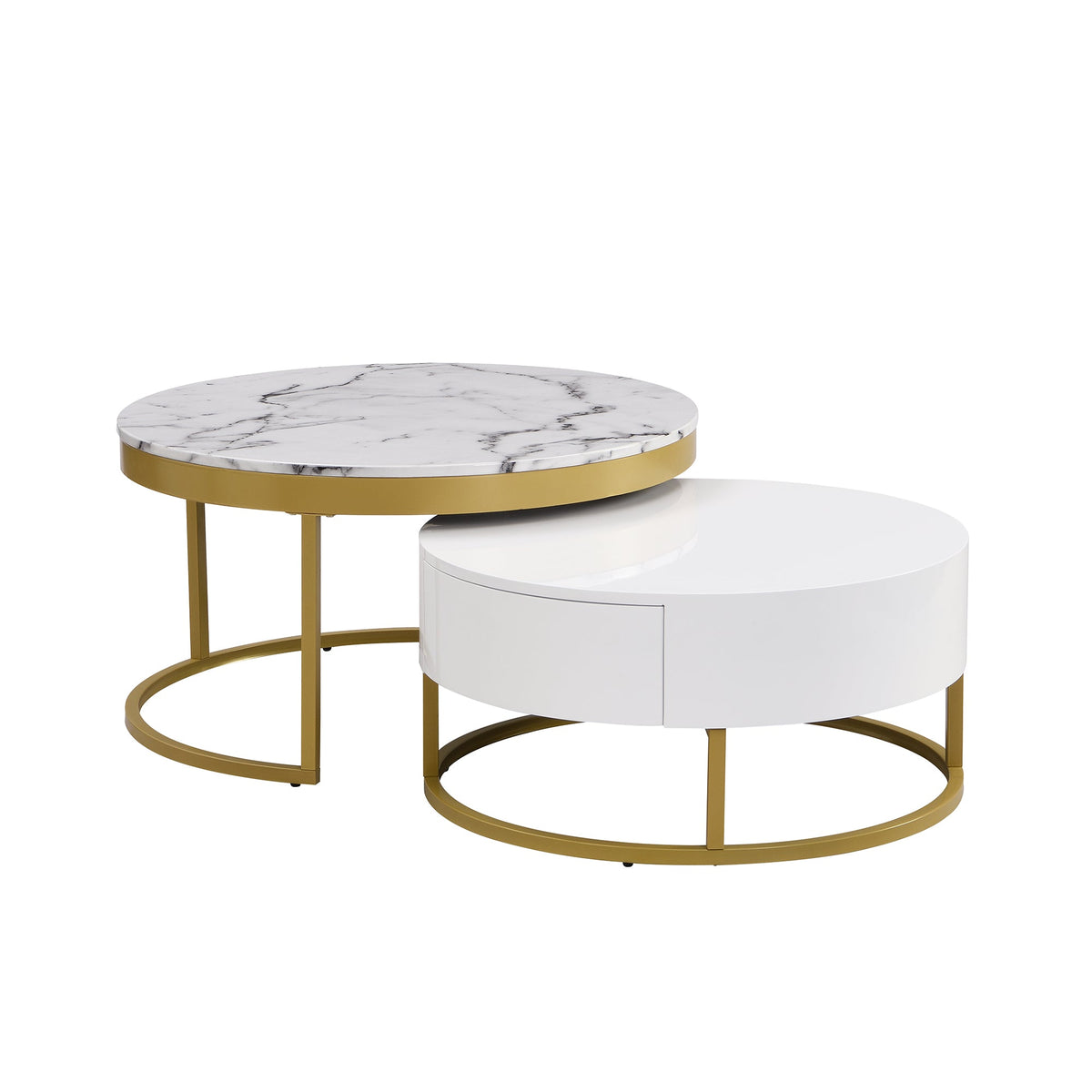 Round Nesting Coffee Table Set with Drawers, White