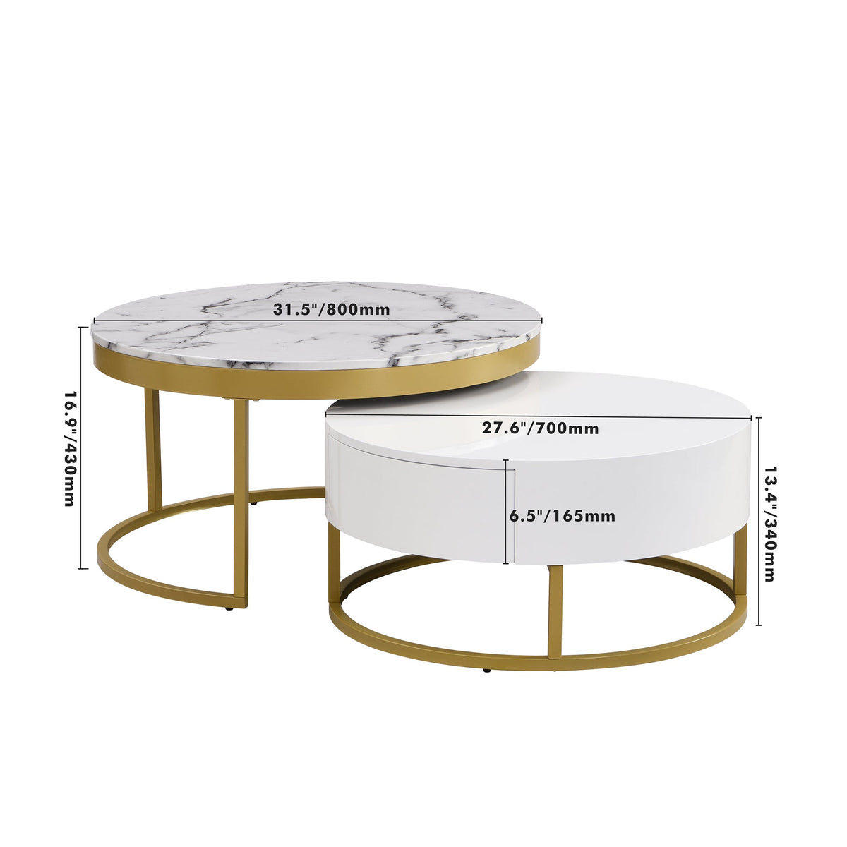 Round Nesting Coffee Table Set with Drawers, White