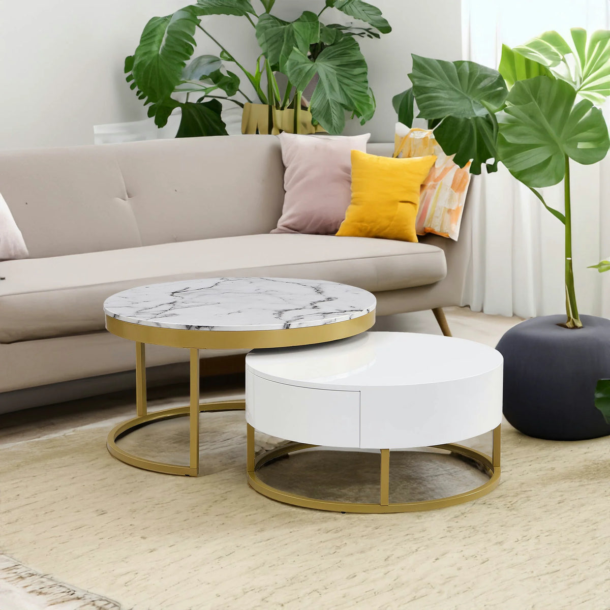Round Nesting Coffee Table Set with Drawers, White