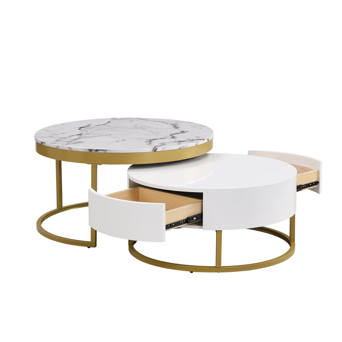 Round Nesting Coffee Table Set with Drawers, White