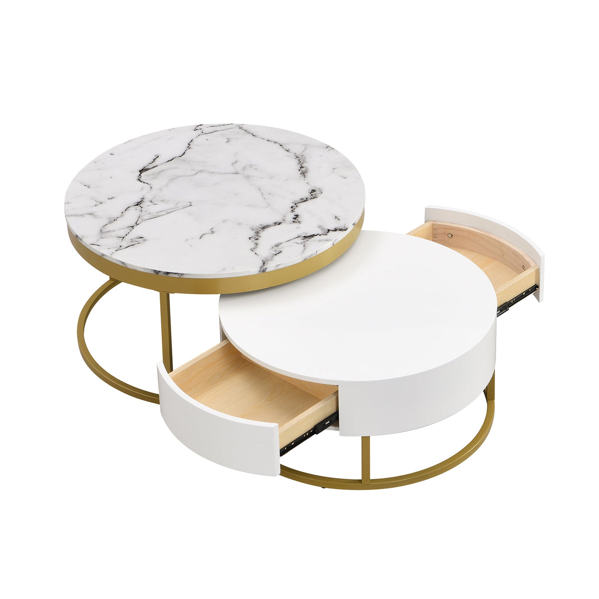 Round Nesting Coffee Table Set with Drawers, White