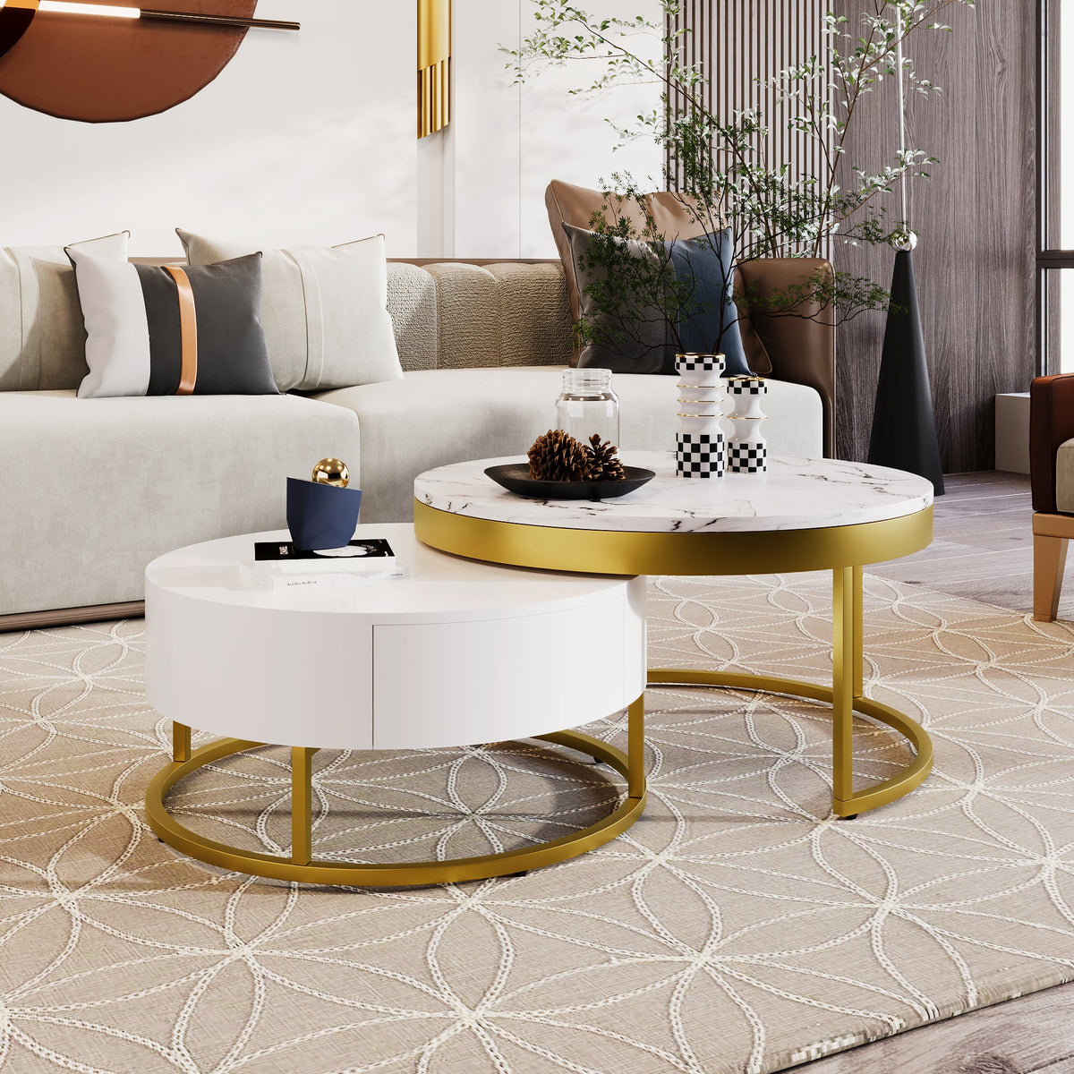 Round Nesting Coffee Table Set with Drawers, White