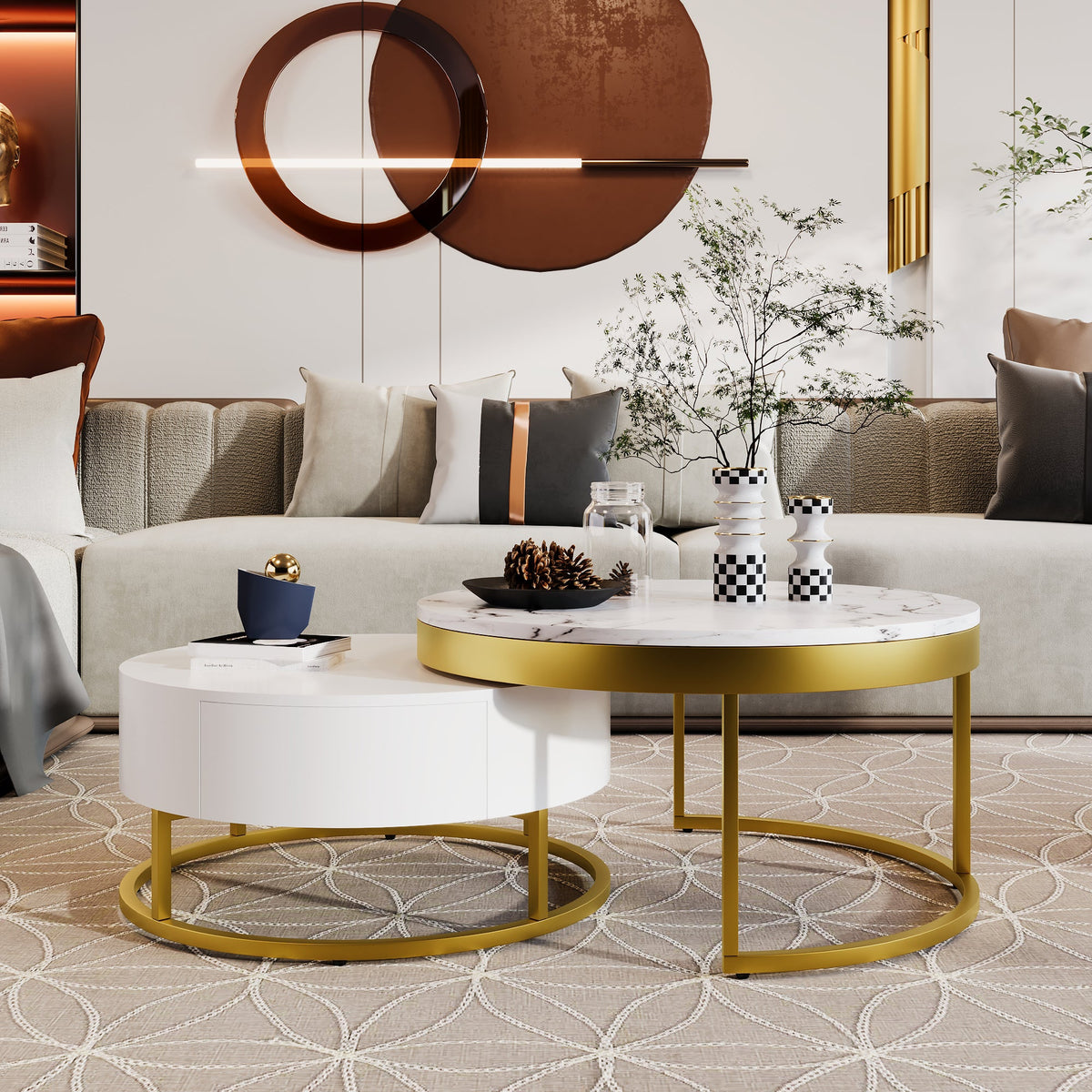 Round Nesting Coffee Table Set with Drawers, White