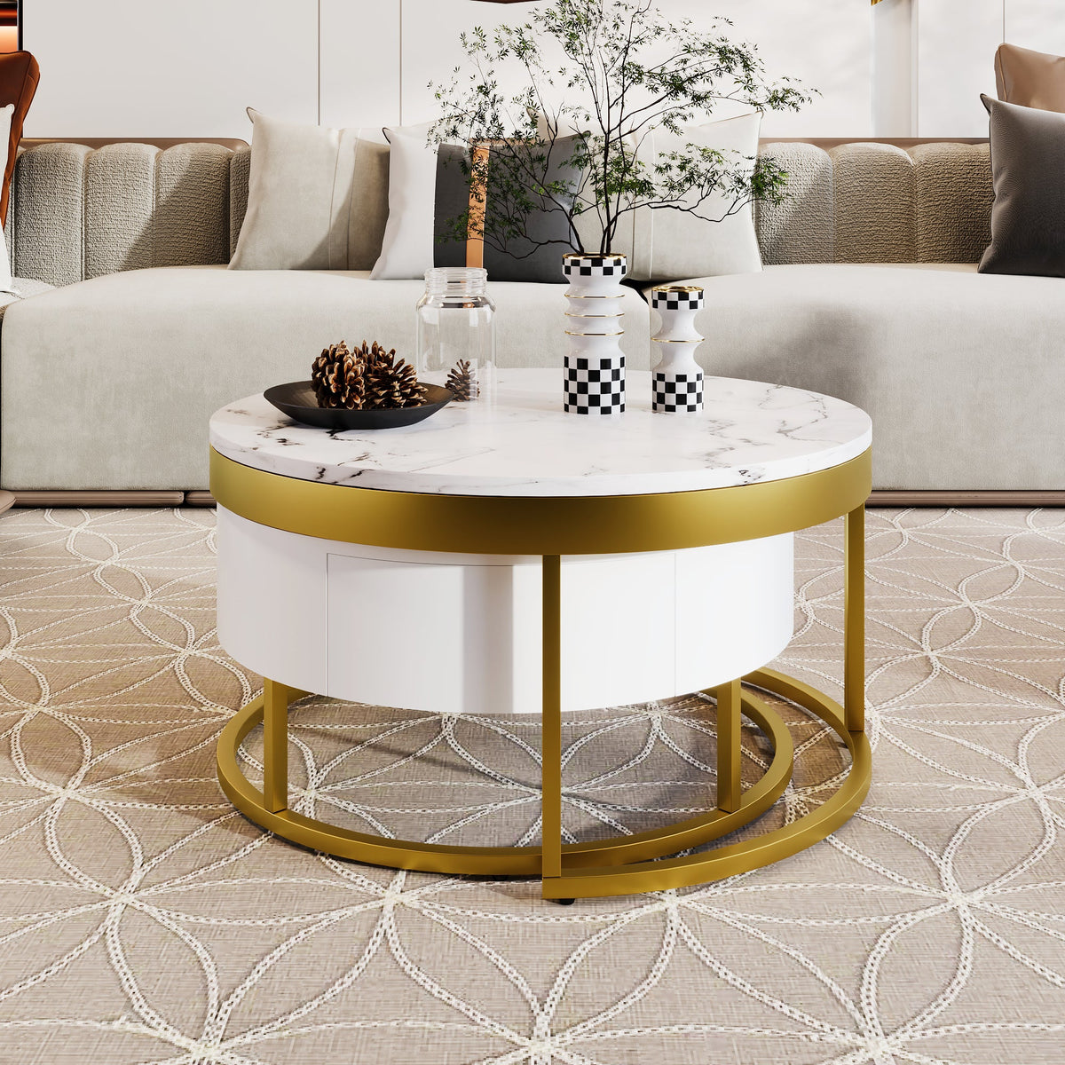 Round Nesting Coffee Table Set with Drawers, White