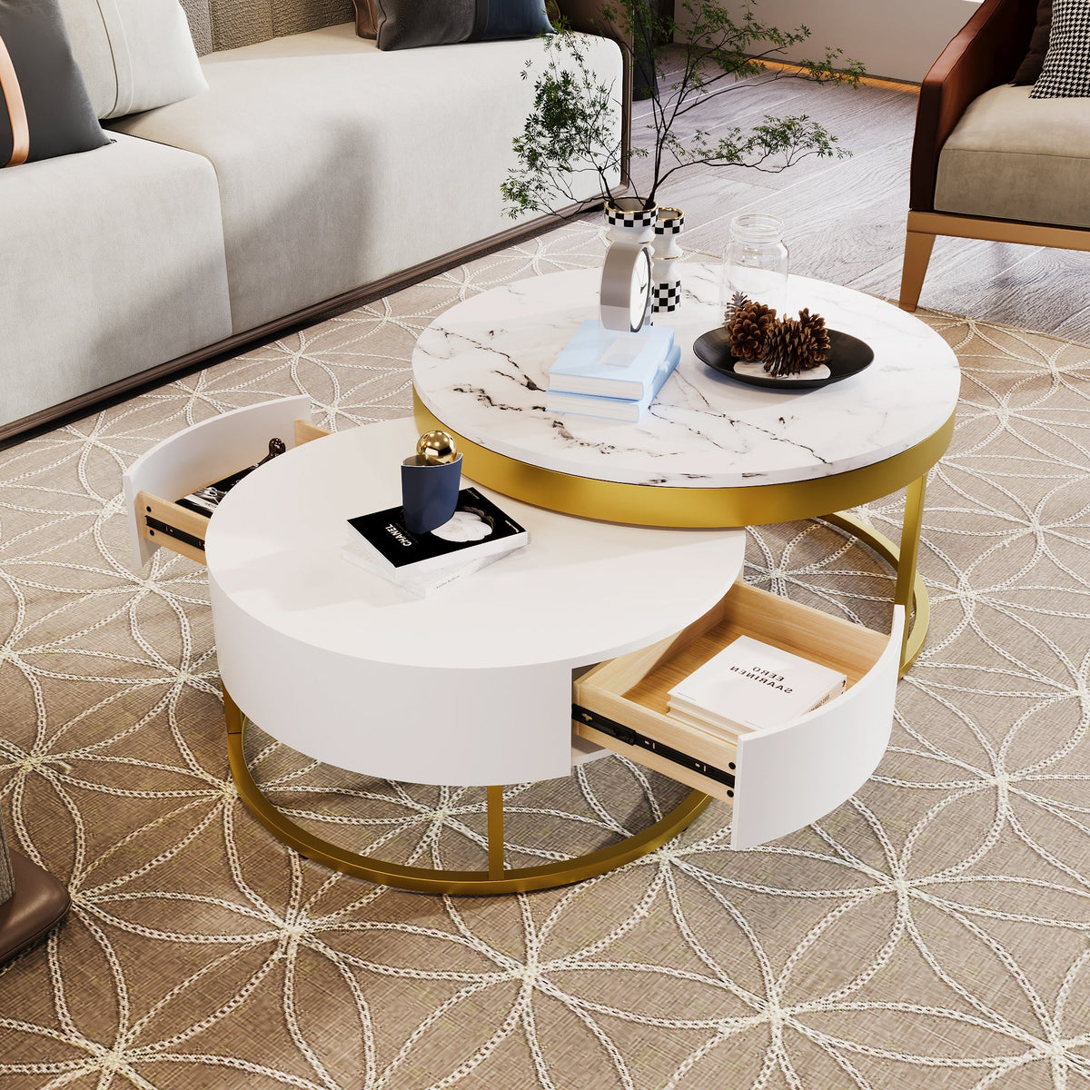 Round Nesting Coffee Table Set with Drawers, White
