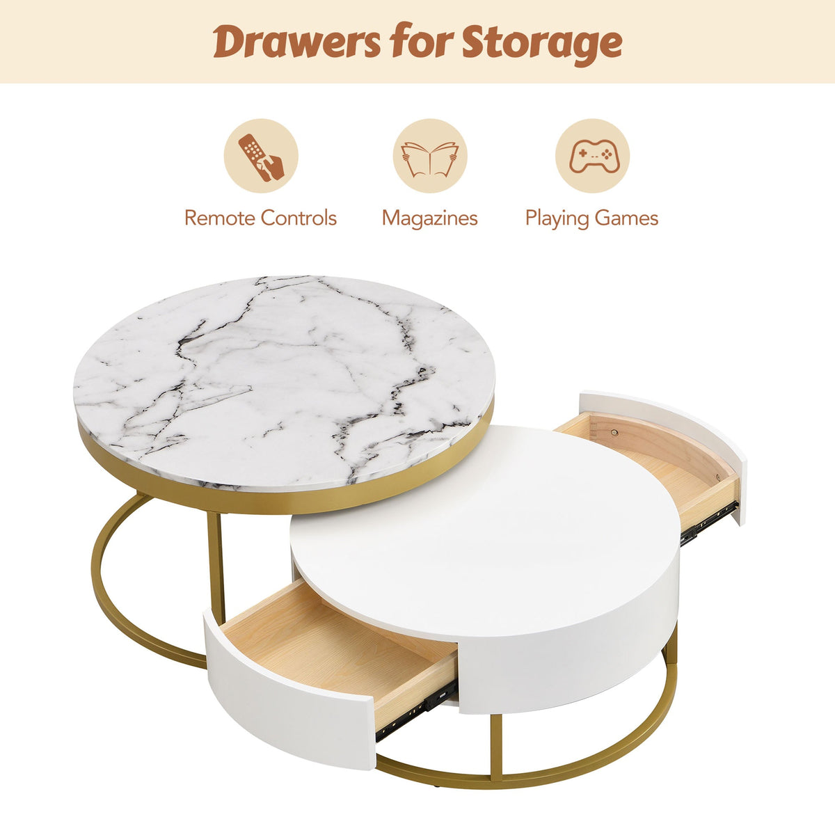 Round Nesting Coffee Table Set with Drawers, White