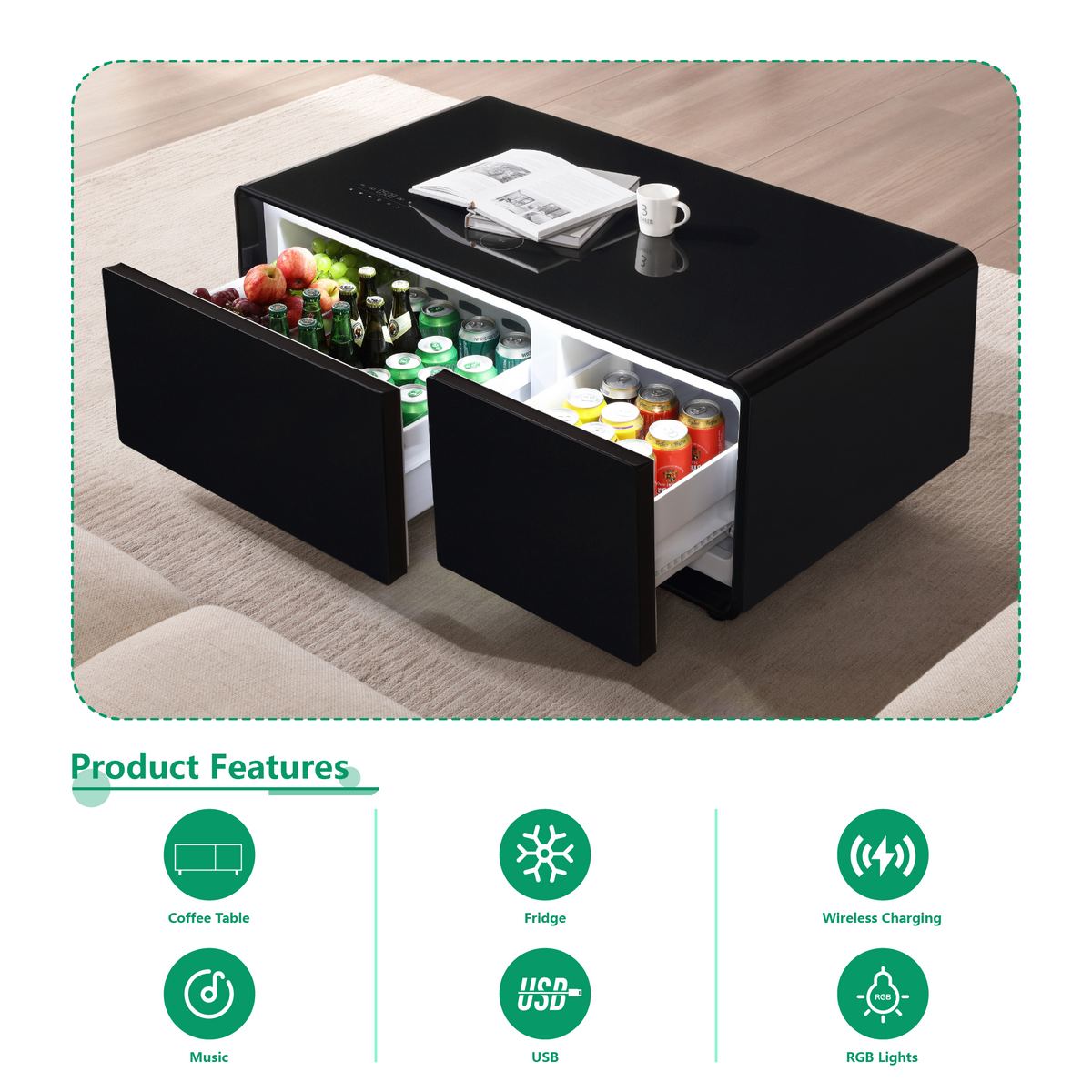 Smart Coffee Table with Built-in Fridge and Charger
