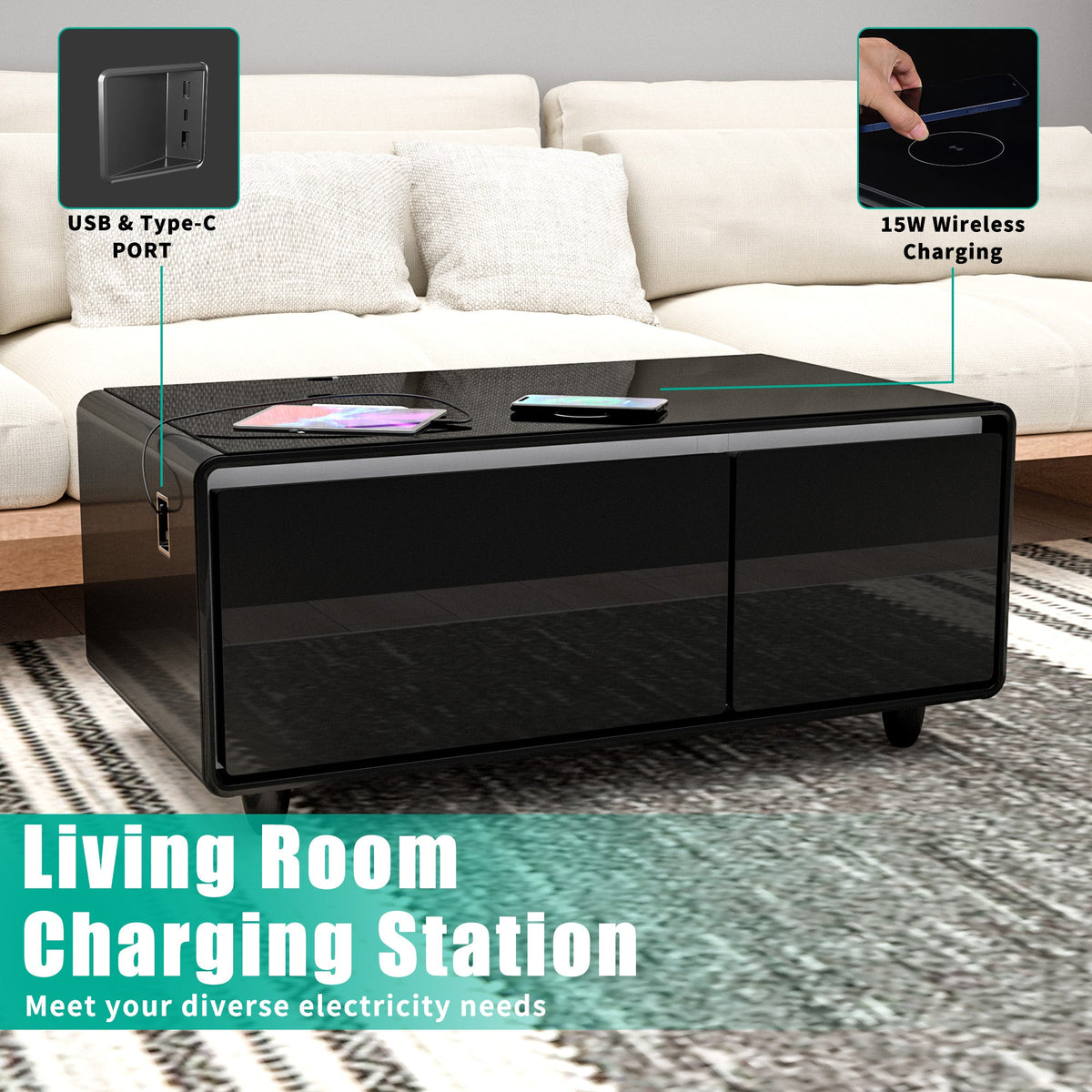 Smart Coffee Table with Built-in Fridge and Charger
