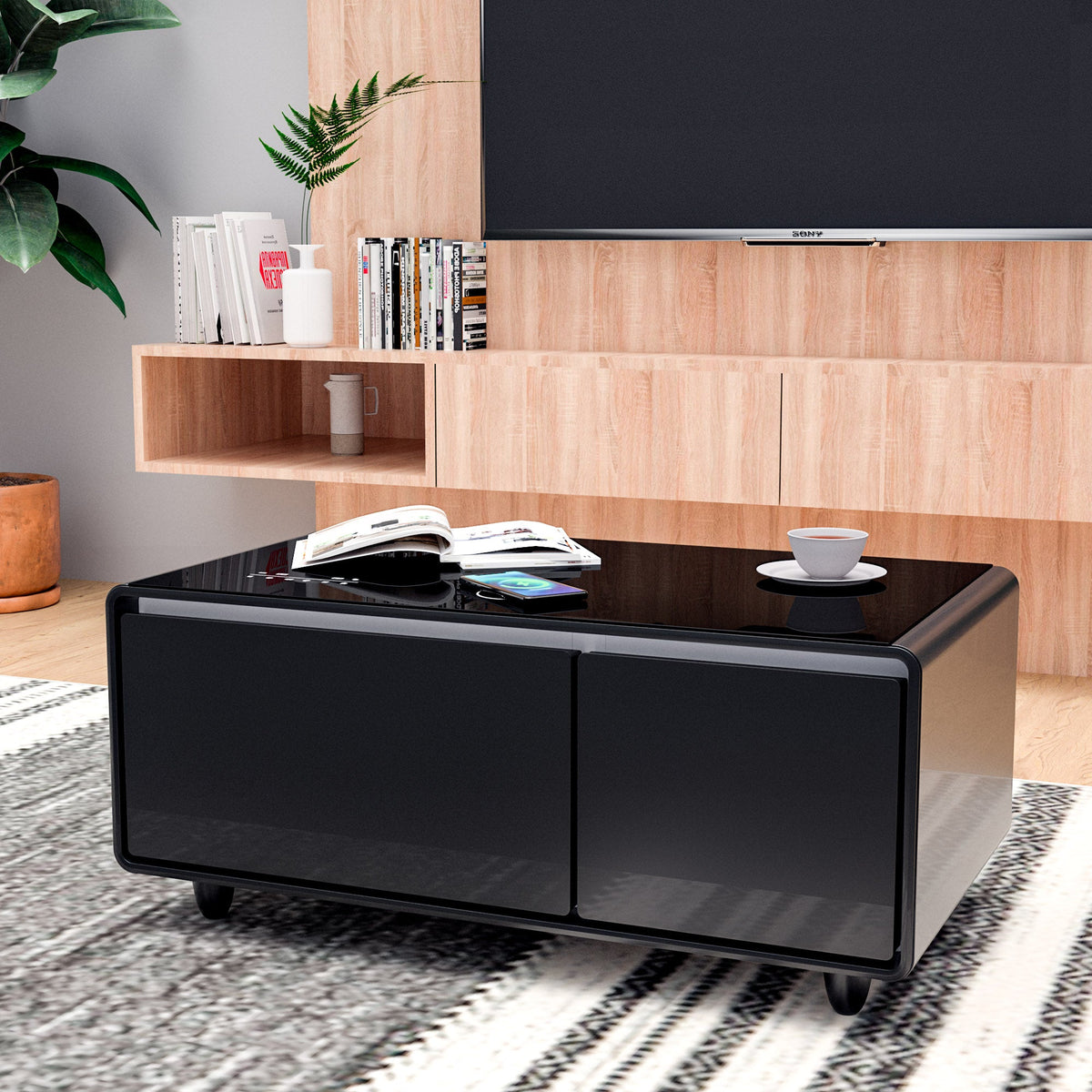 Smart Coffee Table with Built-in Fridge and Charger