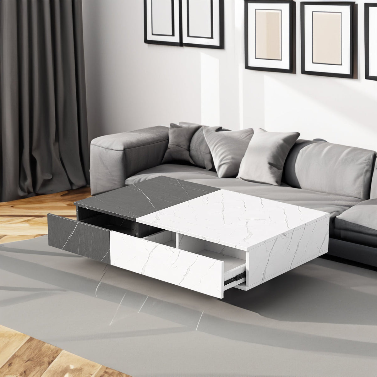 Modern Marble-Look Coffee Table with Hidden Storage