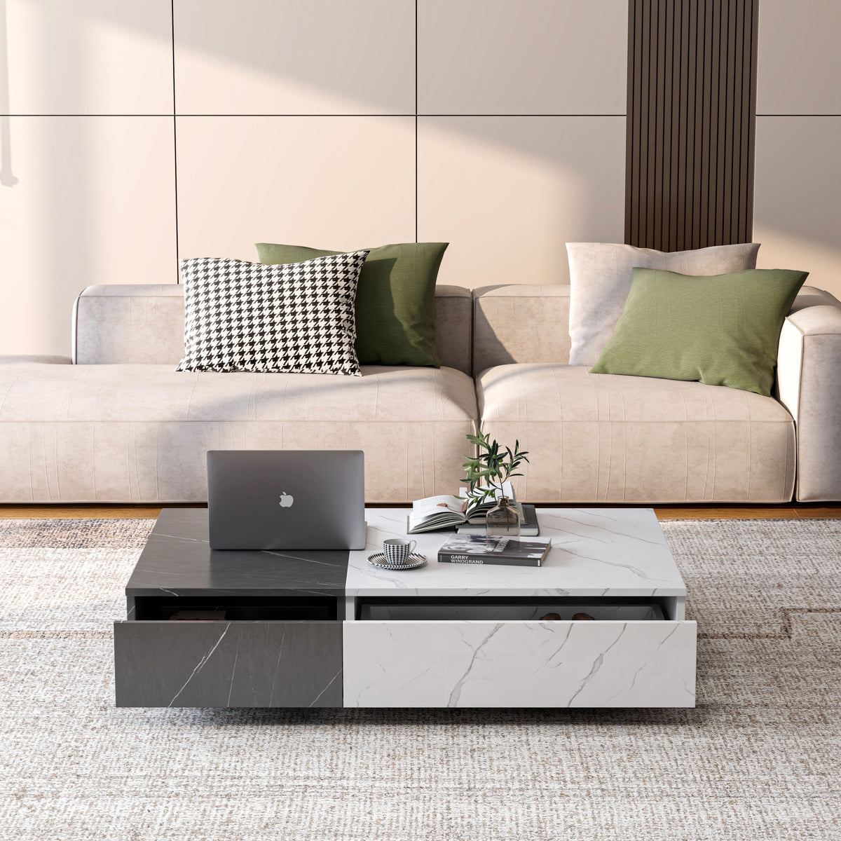 Modern Marble-Look Coffee Table with Hidden Storage