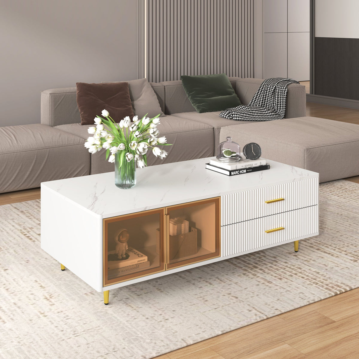 Modern White Coffee Table with Storage Drawers & LED