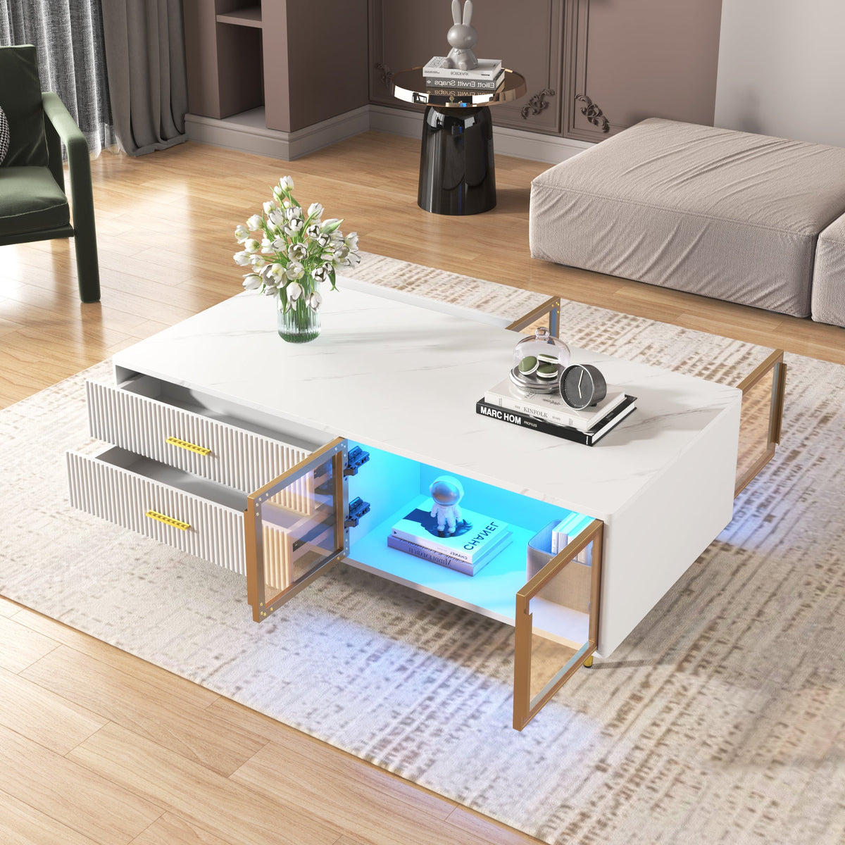 Modern White Coffee Table with Storage Drawers & LED