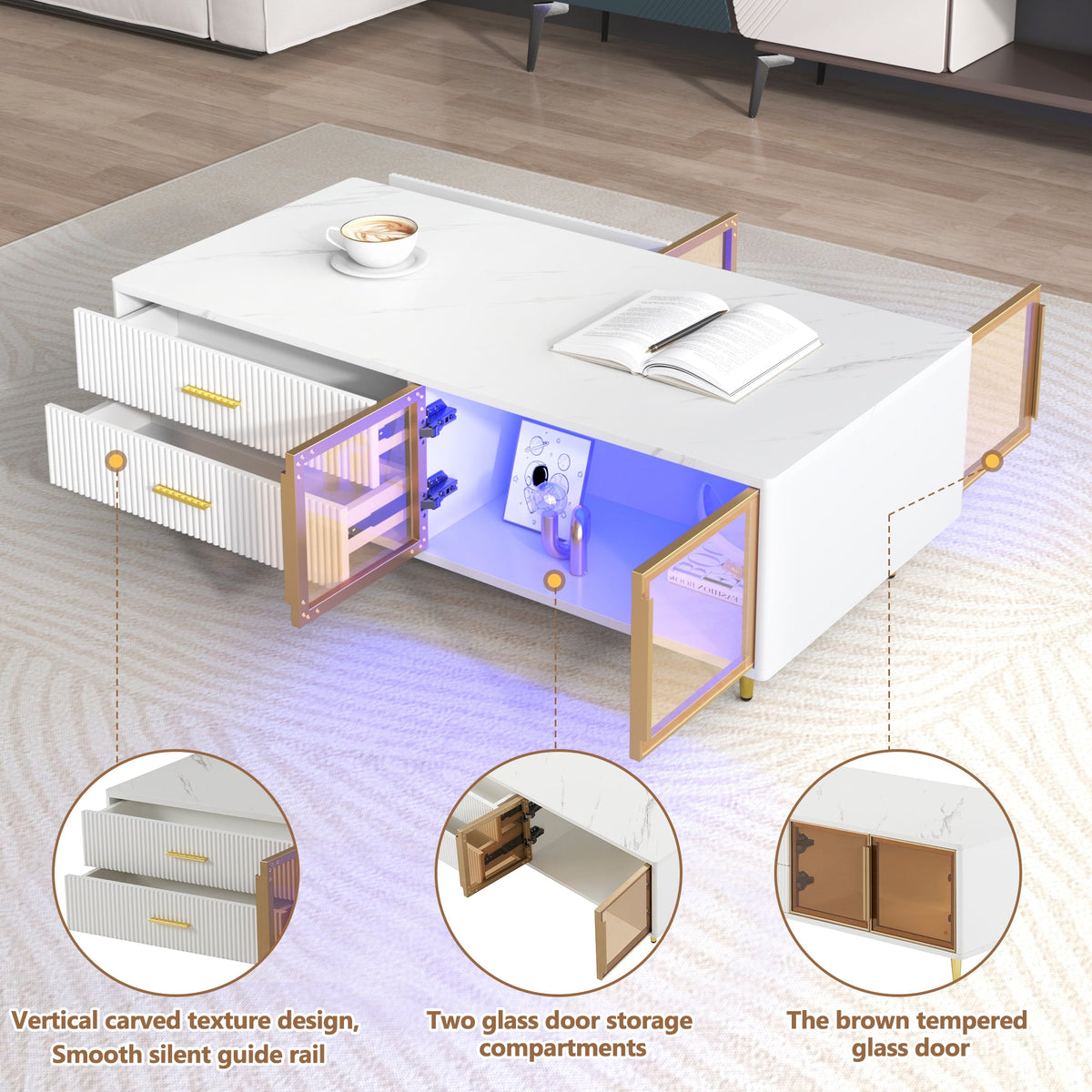Modern White Coffee Table with Storage Drawers & LED