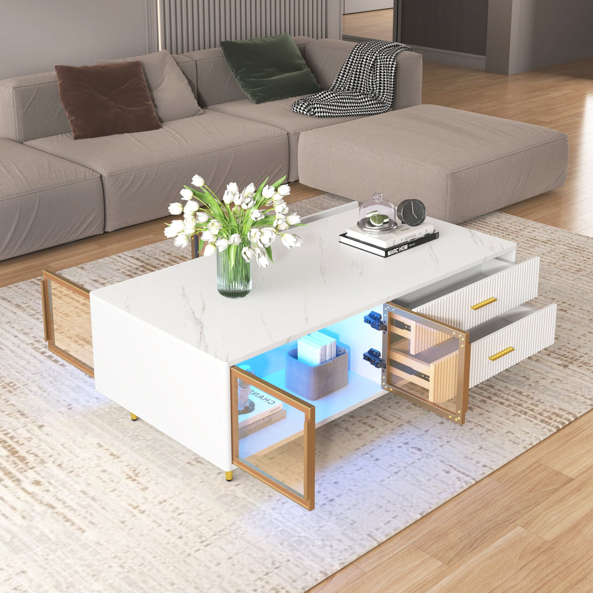 Modern White Coffee Table with Storage Drawers & LED