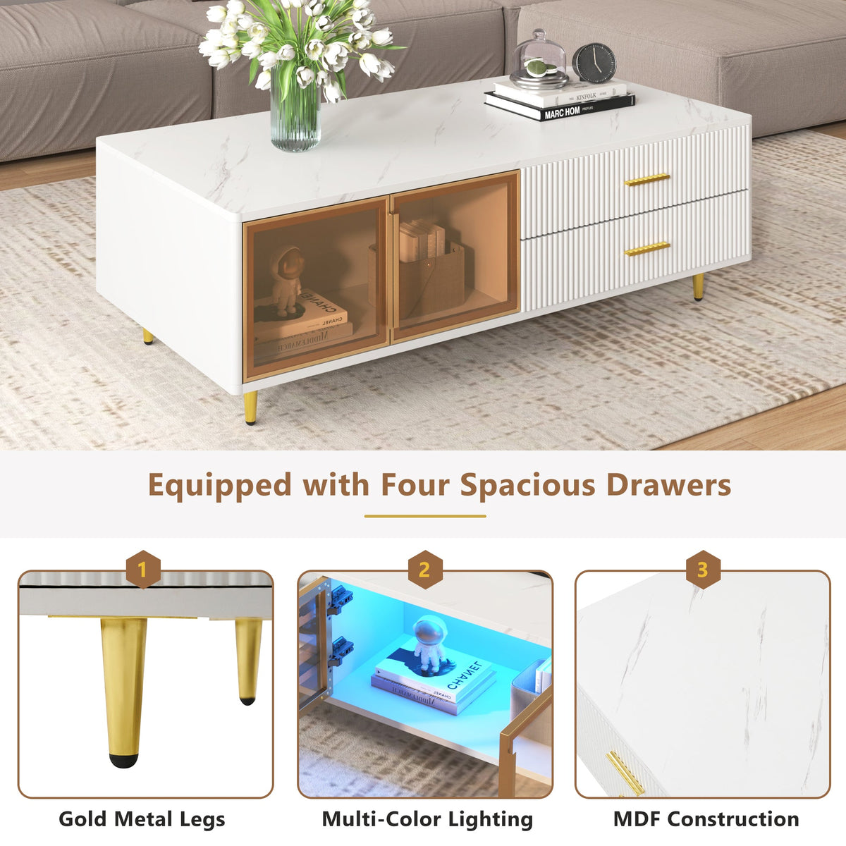 Modern White Coffee Table with Storage Drawers & LED