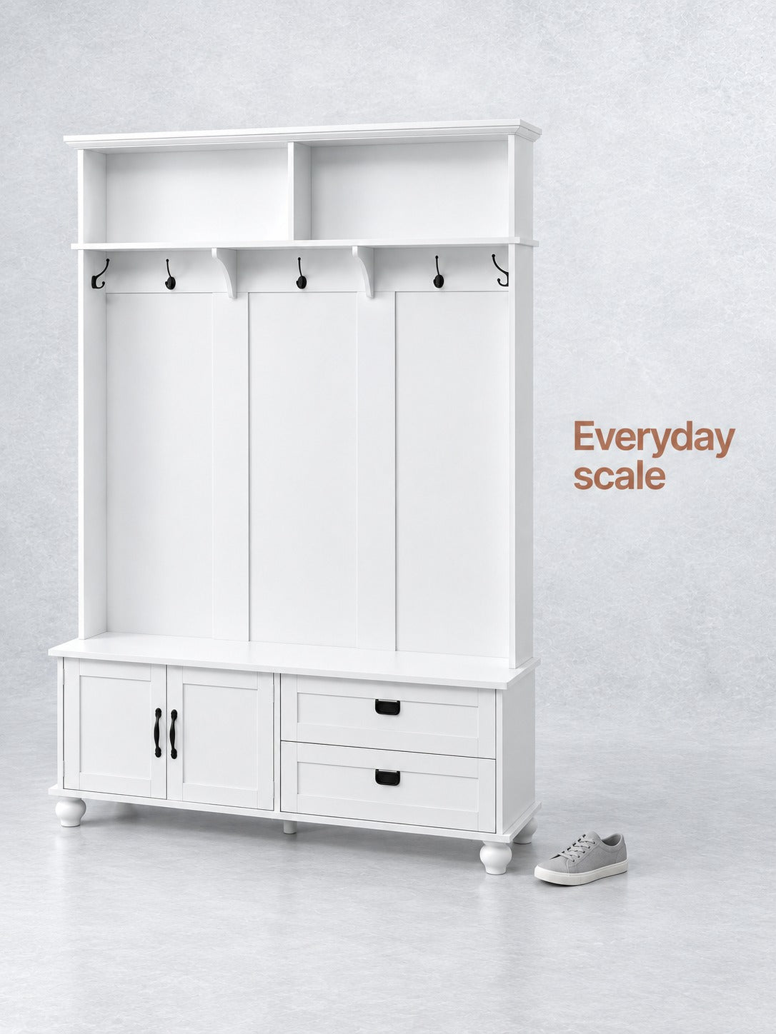 Modern White Hall Tree with Storage Bench and Coat Hooks